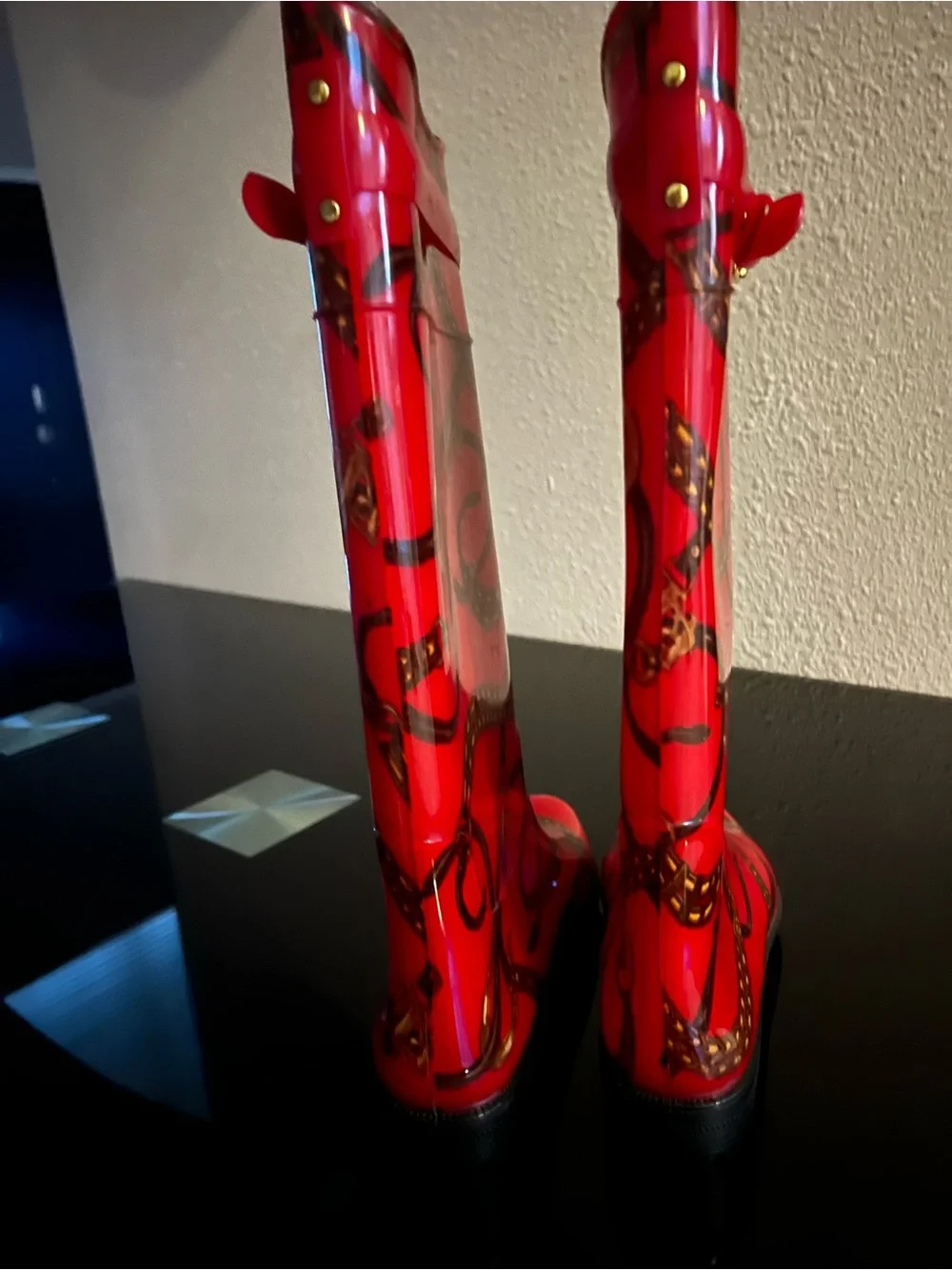 Lauren Ralph Lauren Red Patterned Gloss Rain Boots with Buckle Accent